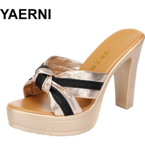 YAERNI Outside Sexy Block Heels Women Slippers Open Toe Thick Bottom High Heels Slippers Big Size Platform Shoes Gold Female
