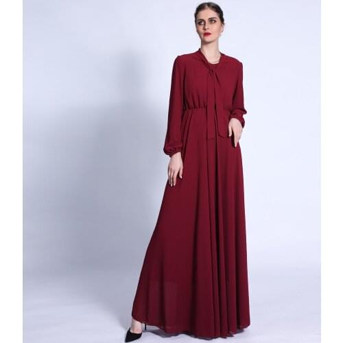 Summer Women Elegant Long Sleeve Vintage V Neck Belt Chiffon Maxi Dress Modest Clothing For Women Hijab Plus Size Muslim Fashion