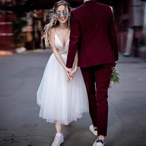 Magic Awn Simple Ivory Tea Length Wedding Dresses Boho Spaghetti Straps Backless Beach Bridal Gowns Cheap Abito Da Sposa 2021