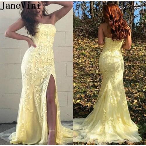 JaneVini Arabic Yellow Mermaid Prom Dresses With Slits Long Strapless Lace Elegant Zipper Tulle Evening Party Formal Dress 2020