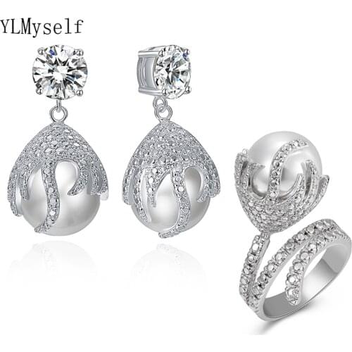 Silver color Brass Dangle Earrings Ring sets With Big Pearl Jewelry High quality Womens statement Jewellery 2pcs set