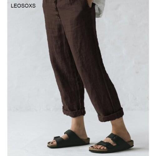 2021 New Summer Womens Linen Pocket Button Casual Plus Size Pants Fashion Thin Loose Straight-leg Pants
