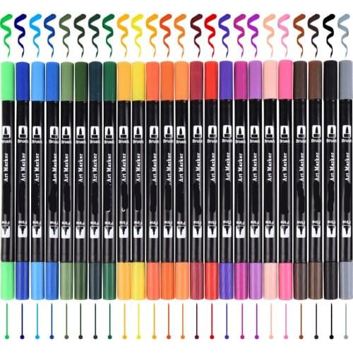 24 Colored Dual Headed Water Based Ink 0.4mm Tip Fine Brush Artist Set Marker Artist Graphic Sketch Manga Drawing Micron Pen