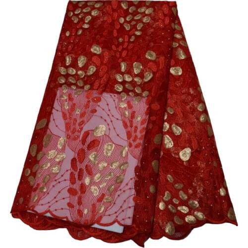 5yards/pc) red and gold African French lace fabric with sequins beautiful Nigerian net lace fabric for party dress FLP233