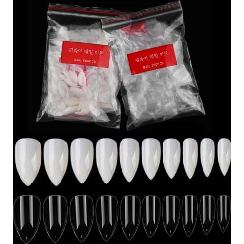 600Pcs/bag Short Stiletto Fake Nails Clear Natural Nail Art Tips Curved Full Cover ABS False Nail Display Guide Manicure Tools