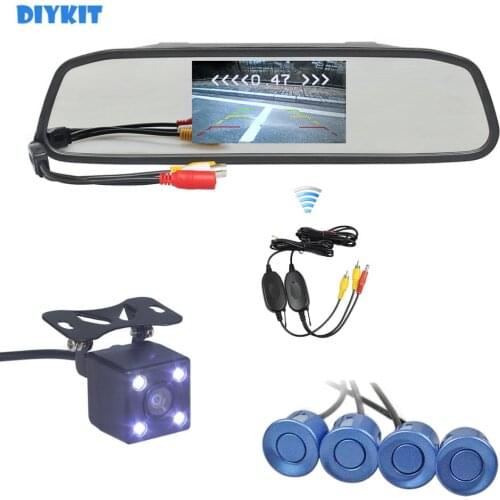 DIYKIT Wireless Video Parking Radar 4 Sensors 4.3 Inch Car Mirror Monitor + 4 x LED Car Rear View Camera Parking Assistance