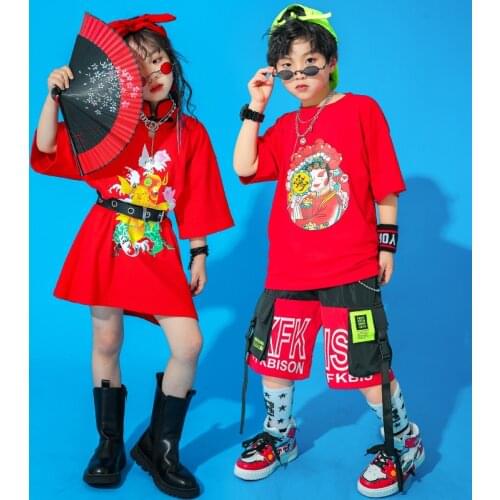 Childrens Chinese Style Sets Streetwear Hip Hop Boys Girls Short Sleeve T-shirt Shorts Dress Tracksuits Kids Stage Clothing