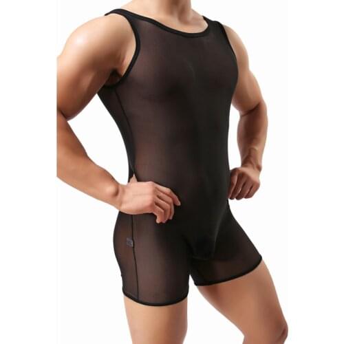 Mens Bodysuits Ice Silk Ultra-thin Shaper Elastic Corsets Erotic Transparent Jumpsuits Shorts Gay Lingerie Catsuit Undershirts