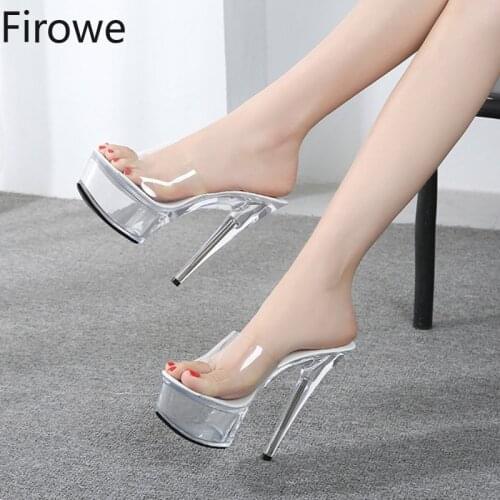 Firowe Women Clear Transparent Sandals Sexy Super High Heels 15cmStiletto Platform Sandal Crystal Slippers Party Wedding Shoes43