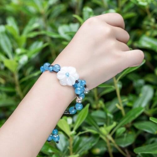 FYJS Unique Silver Plated Flower Colored Glaze Blue Quartz Crystal Beads Stretchy Bracelet Classic Jewelry