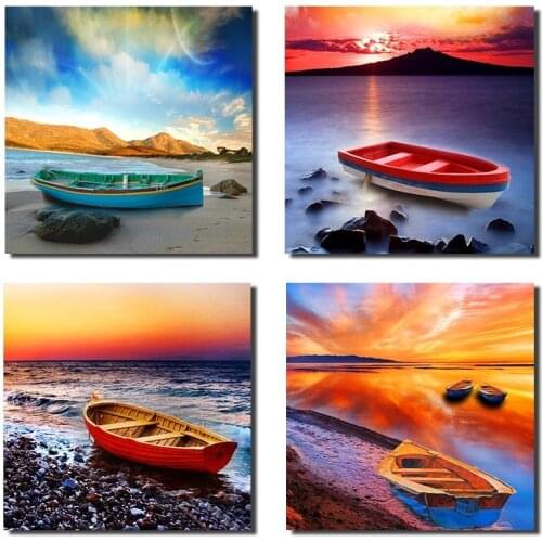 Canvas Wall Art Ocean Beach Painting Four Color Sunset Seascape Canvas Art Coast Nature Picture Modern Art Painting