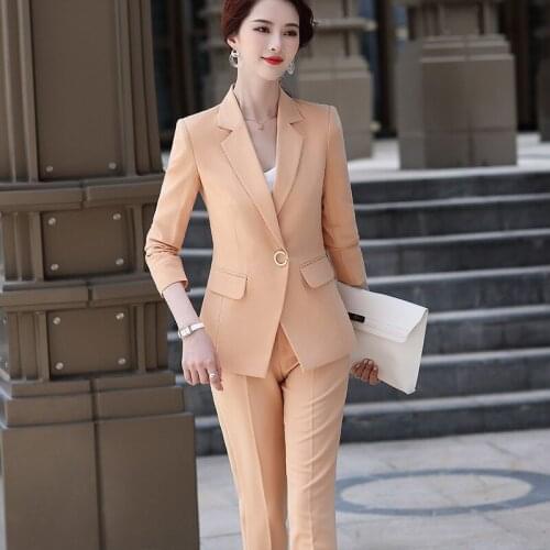 IZICFLY New Style Autumn Spring Orange Trouser And Jacket Two Piece Work Wear Elegant Business Office Women Pant Suit Blazer Set