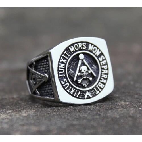 Mens Stainless Steel Ring Whom virtue unites, death will not separate. Scottish Rite Masonic Rings Skull Bones Biker Jewelry