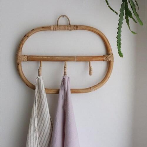 3 Hook Hat Coat Robe Door Wall Hooks Space Rattan Wood Towel Rack for Bathroom Bedroom Kitchen