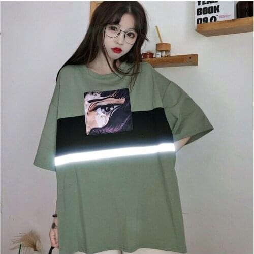 Unisex Harajuku clothing loose large size reflective pattern T-shirt women couples paired tops grunge tumblr female androgynous