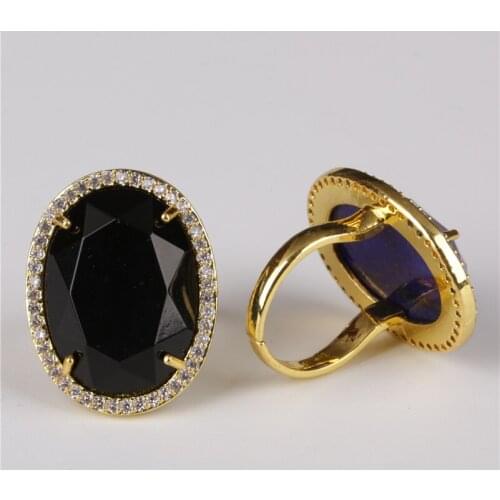 Oval cut faceted black obsidian stone bead charm pave white cz crystal rim cycle open finger gold ring cuff for women