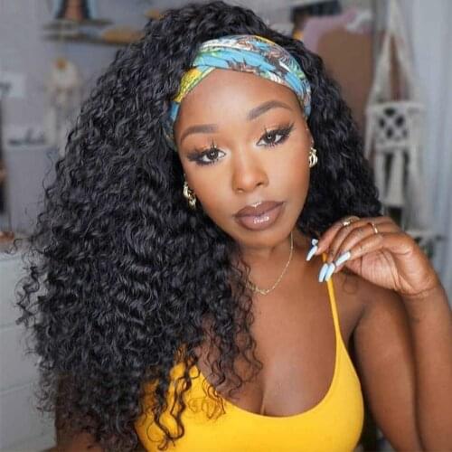 Peruvian Headband Wig Human Hair Wigs For Women GlueLess Water Wave Headband Wig Free Scarf 180% Density Full Machine Made Wig