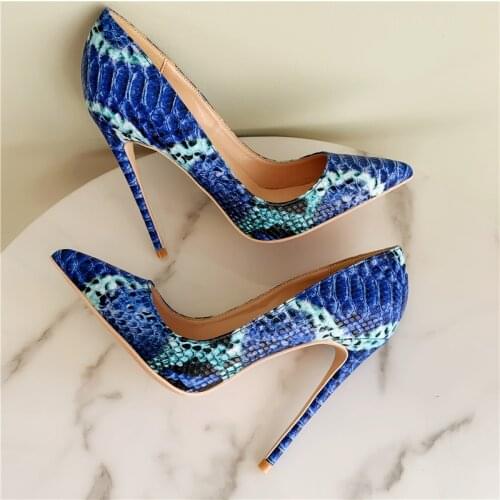 Sexy Blue Printed Leather Stiletto Heels Dress Shoes Pointed Toe 12cm Snakeskin Patchwork Party Dress Shoes Big Size 45