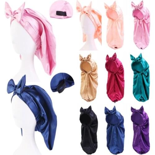 Headwear Women Big Size Satin Bonnets Long Tube Shower Cap Bowknot Sleep Night Cap Head Cover Hairdressing Hat Wholesale Fashion