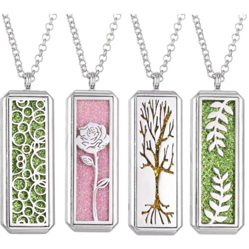 Rectangle Aromatherapy Locket Necklace Vintage Flower Essential Oil Diffuser Aroma Perfume Pendant Necklace DIY Locket Jewelry
