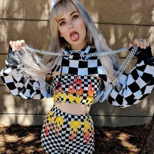 Harajuku Black White Plaids Pullovers Hooded Sweatshirts Long Sleeve Checked Hoodies Shirt High Waist Crop Tops Dance Jumpers