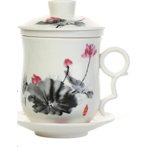 Blue and white porcelain ceramic office four-piece cup with lid including filter equipment personal lunch cup gift conference