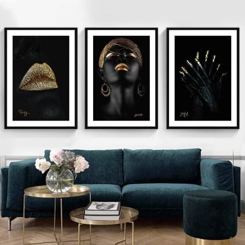 Modern Portrait Posters Black Woman Golden Match Canvas Painting Wall Art Picture for Living Room Home Decor (No Frame)