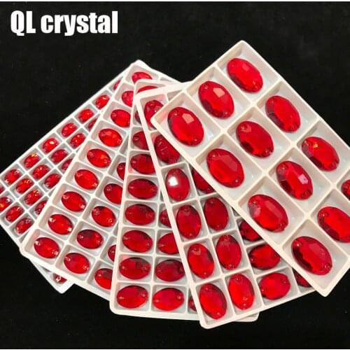 ALL Size Red Oval Sew On Crystal Rhinestones Flatback with 2 holes for Making wedding dress bags shoes accessories