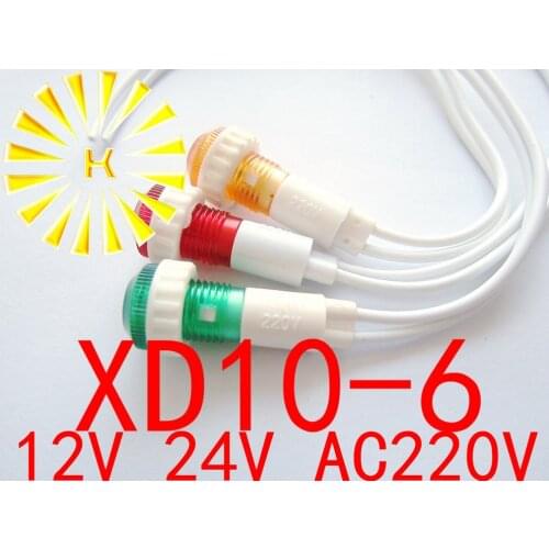 XD10-6 With 20CM Wire Signal Lamp Red Green Yellow 12V 24V AC220V 10mm Plastic Indicator Light Power LED Light Beads x 100PCS