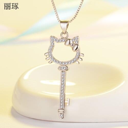 Japan and South Korea trend long sweater chain female kitty cat pendant set with crystal zircon stainless steel products