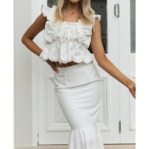 Women Solid Color Fishtail Skirt Slim Fit Ruffle Hem High Waist Skirts for Summer White