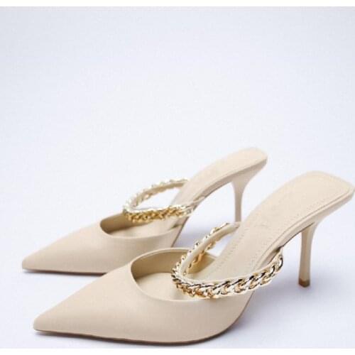 ZAR 2021 Summer New Beige Fashion Pointed Toe Chain High Heels Sexy Outer Wear Stiletto Muller Lazy Sandals And Slippers Women