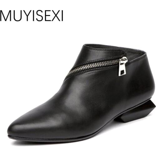 Autumn Boots For Women Genuine Leather Pointed Toe Zip 3cm Irregular Square Heels Ankle Boots Silver Black 34-41 HL40 MUYISEXI