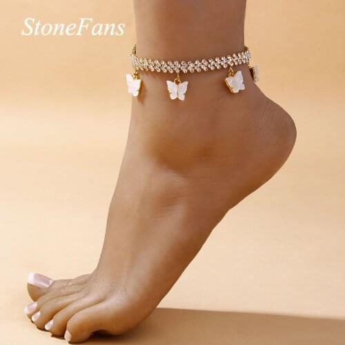 Stonefans Ins Fashion Rhinestone Butterfly Anklets Resin Pendant for Women Summer Beach Tennis Chain Ankle Bracelet Boho Jewelry