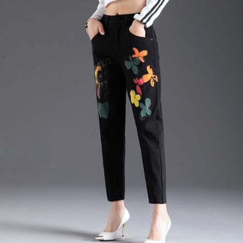 2021 Autumn Women Black Denim Harem Pants Casual High Waist Loose Fit Fashion Printed Ankle Length Trousers Winter Fleece Jeans