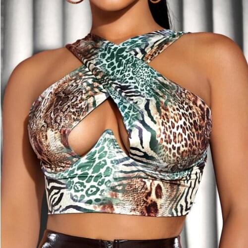 Womens Summer Crisscross Halter Crop Tops Printing Sleeveless Cutout Front Wrapped Tank Tops Ladies Y2k Fashion Backless Vest