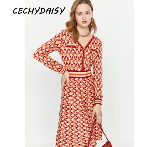 Dress Sexy V-Neck Sweater Autumn Winter Clothes Long Sleeve Button Up A-Line Knitted Plaid Elegant Ladies Dresses vestidos mujer