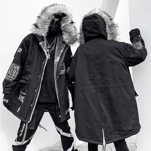 Unua amo Hip-hop Winter Coat Women Long Warm Plush Jacket 2021 Streetwear Fashion Oversized Couple Wear Hooded Fur Collar Parka