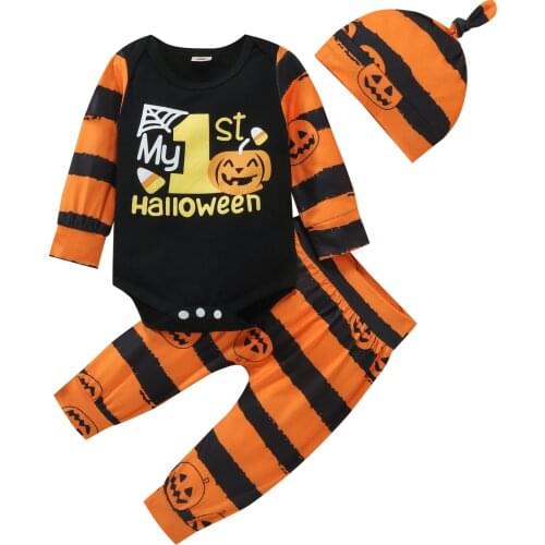 Toddler Baby Boy Girl Halloween Clothes Sets Autumn Pumpkin Print 3PCS Long Sleeve Romper+Pants+Hats Novelty Baby Outfits