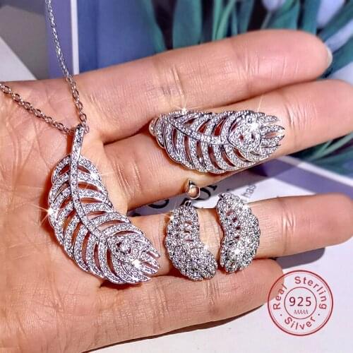 3pcs/set Lady 925 Sterling Silver Jewelry Sets Exquisite Zircon Feathers Necklace Earring Ring for Women Engagement Sets Jewelry