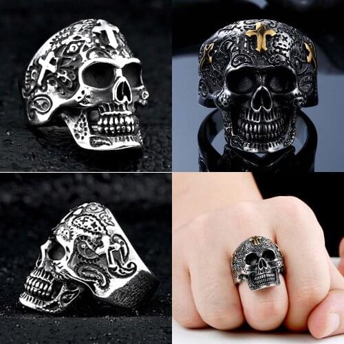 316L Golden Cross Skull Mens Calvarium Punk Vintage Ring Gothic High Quality Stainless Steel Biker Rings Motorcycle jewellery