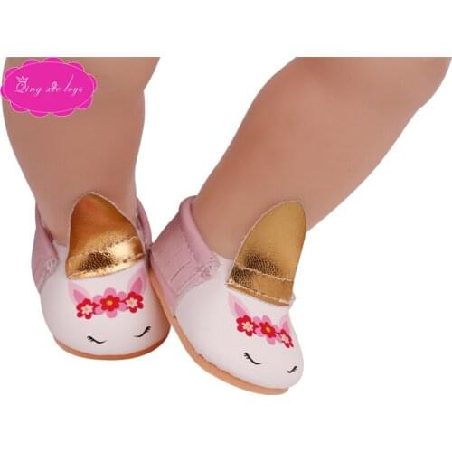 43 cm baby dolls shoes newborn Cute unicorn cartoon shoes gold PU shoe Baby toys fit American 18 inch Girls doll g233