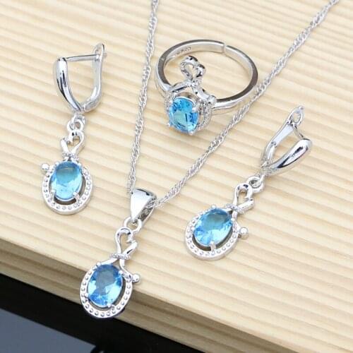 925 Silver Jewelry Set for Women Sky Blue Crystal Birthstone 7 Color Stone Earrings Necklace Open Ring Simple Party Dropshipping