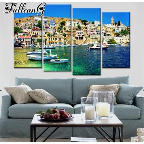 FULLCANG Seaside town scenery 4 piece diy diamond painting full square round drill 5d mosaic embroidery sale home decor FC3474