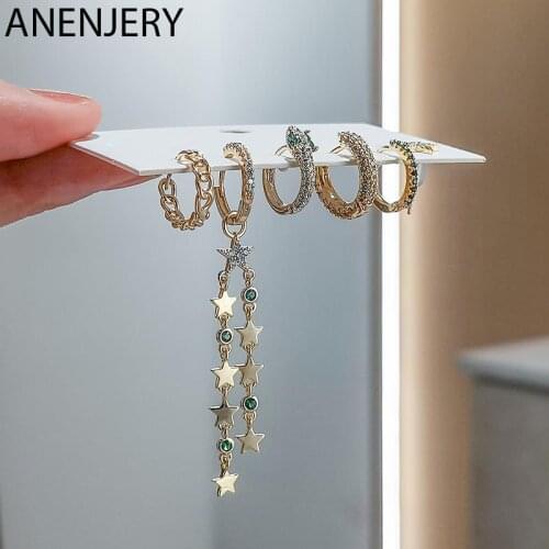 ANENJERY 6 pieces/set 925 Sterling Silver Star Tassel Chain Hoop Earrings Set Luxury Micro Zircon Geometric Earrings