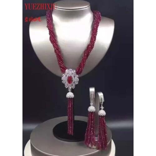 Womens fine 8row 4mm green red jade necklace 22inch earring welcome custom colors inlay zircon sweater chain jewelry