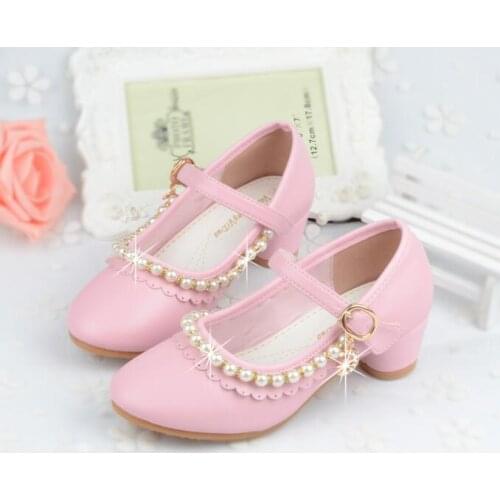 Children leather shoes Elegant Princess Sandals Kids Girls Wedding PU Leather Shoes High Heels Dress Party Beaded Shoes For Girl