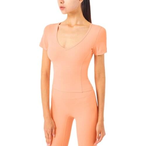 Summer New Nude Color Comfortable Yoga Shirt Women Sexy V-Neck Slim Sports Tops Outdoor Running Riding Short-Sleeved T-Shirt
