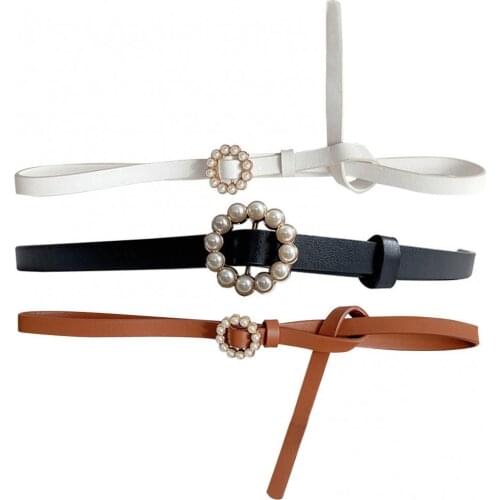 Fashion Thin Waistband Dress Matching Faux Leather Fake Pearl Round Buckle Women Elegant Waist Belt Date Party Waist Straps