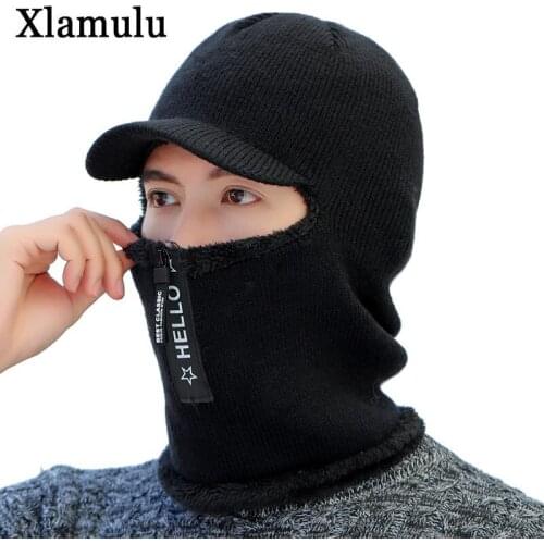 Hot Men Winter Knitted Hat With Zipper New Add Fur Lined Warm Brim Winter Hats For Men Keep Face Ear Warm Balaclava Cap